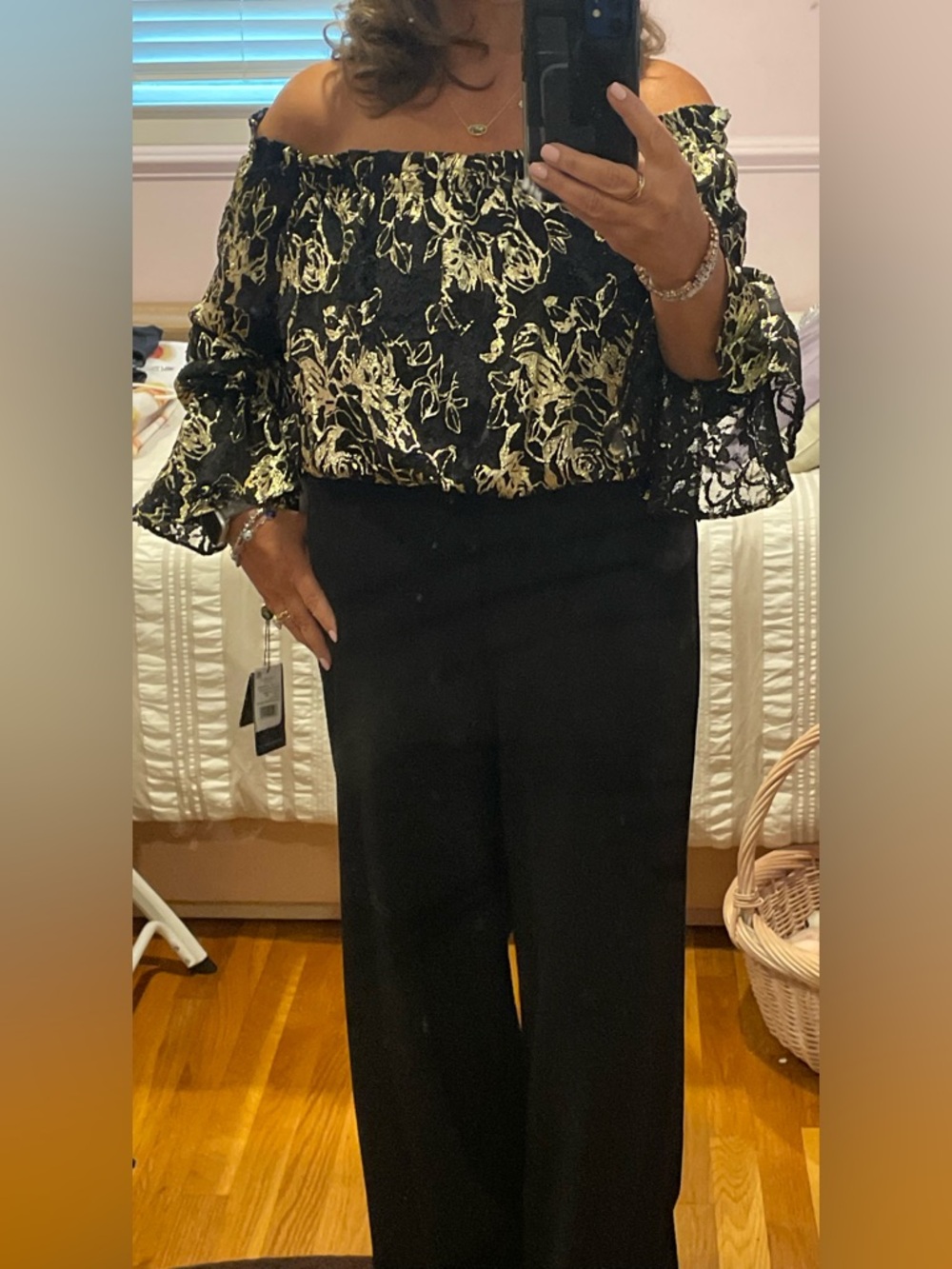 Adrianna Papell - Off-Shoulder Floral Blouse & Black Wide-Leg Pants Jumpsuit - Picture 8 of 8